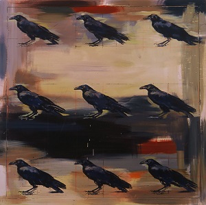 oil painting of nine crows